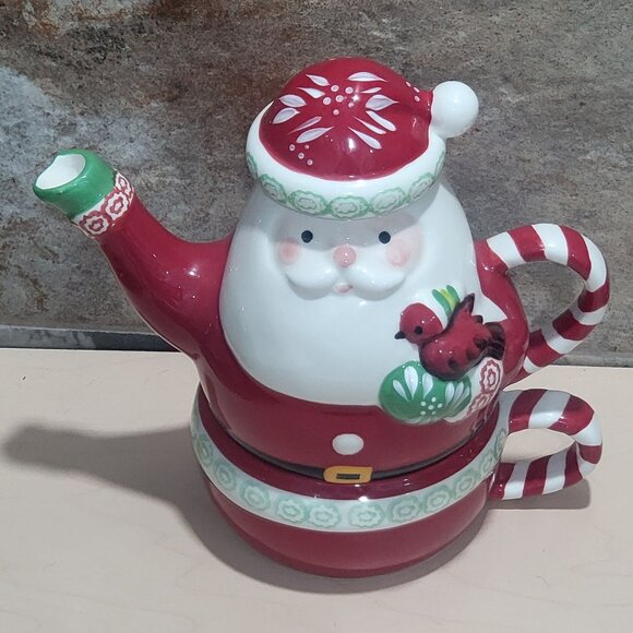 Temptations by Tara 3 Piece Ceramic Stacking Santa Teapot Mug Cup Set - Picture 3 of 12